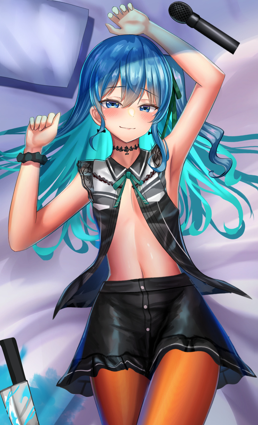 1girl aqua_hair arm_up armpits bed bed_sheet black_choker black_shirt black_skirt blood blood_on_knife blood_stain blue_blood blue_eyes blue_hair blush breasts choker closed_mouth colored_inner_hair cowboy_shot eyelashes fine_fabric_emphasis frilled_skirt frills green_ribbon grey_shirt hair_between_eyes hair_ribbon hand_up highres hololive hoshimachi_suisei jagoo knife lace lace_choker lace_sleeves long_hair looking_at_viewer lying microphone miniskirt multicolored_hair navel official_alternate_costume on_back one_side_up open_clothes open_shirt orange_pantyhose pantyhose ribbon scrunchie shiny_skin shirt short_sleeves skirt small_breasts smile solo star_(symbol) star_in_eye stomach symbol_in_eye thighs two-tone_hair two-tone_shirt virtual_youtuber wrist_scrunchie