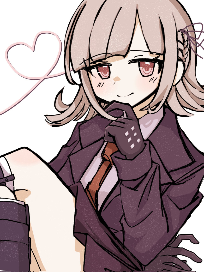 1girl alternate_hair_ornament black_gloves black_skirt blush boots braid cosplay danganronpa:_trigger_happy_havoc danganronpa_(series) danganronpa_2:_goodbye_despair gloves hair_ribbon hand_on_own_chin hand_up heart highres jacket kirigiri_kyoko kirigiri_kyoko_(cosplay) knee_boots koma_(uuur66) nanami_chiaki necktie open_clothes open_jacket pink_eyes red_necktie ribbon simple_background skirt smile solo white_background