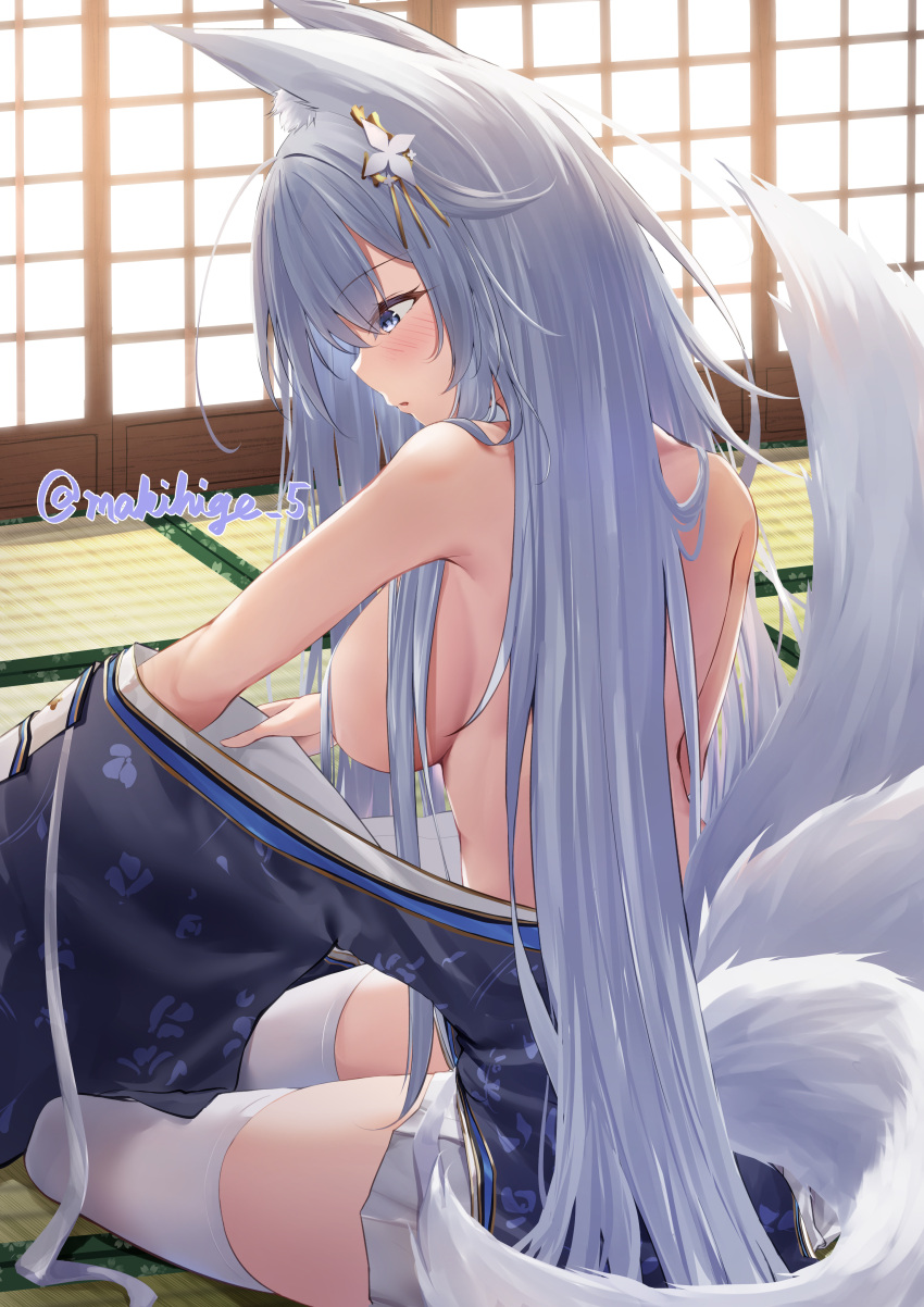 1girl absurdres animal_ears azur_lane bare_shoulders blue_eyes blue_kimono blush breasts commentary_request day dressing facing_to_the_side flower fox_ears fox_girl fox_tail from_behind from_side full_body hair_censor hair_flower hair_ornament hair_over_breasts hairpin highres indoors japanese_clothes kimono kitsune large_breasts long_hair looking_down makihige multiple_tails no_bra off_shoulder on_ground parted_lips shinano_(azur_lane) sideboob sitting skindentation solo tail thighhighs topless undressing very_long_hair white_hair