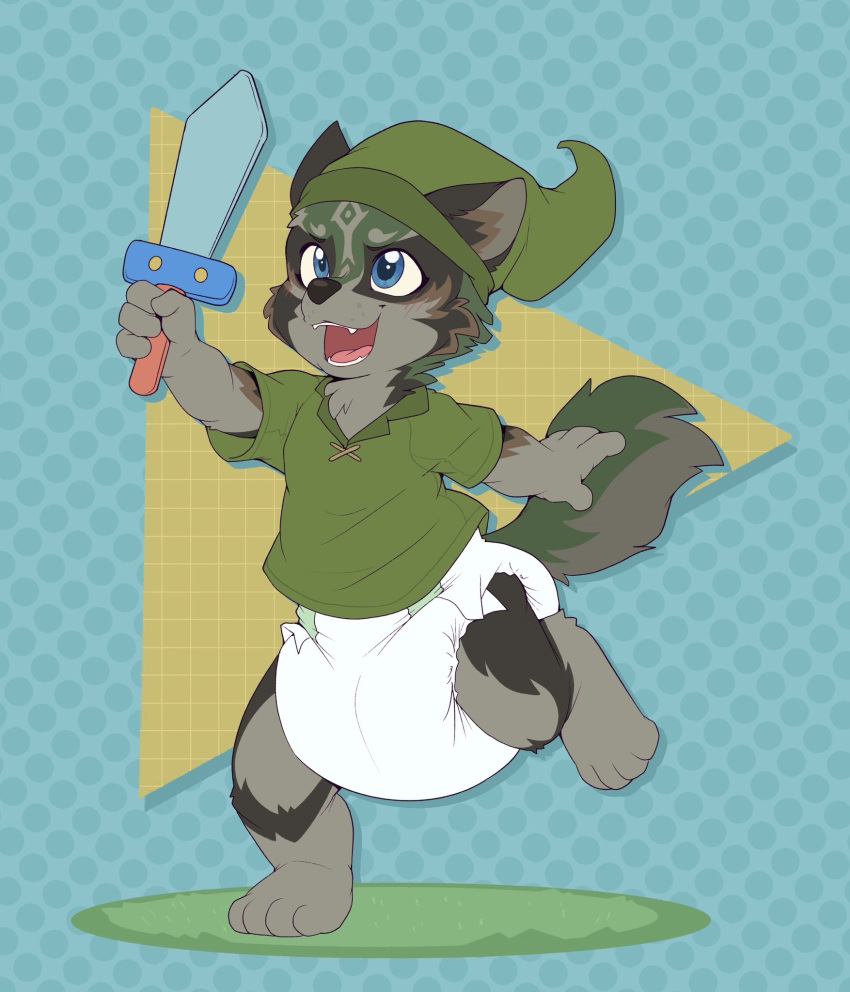 anthro blush canid canine canis clothing cuddlehooves diaper hat headgear headwear hi_res holding_object holding_sword holding_weapon link link_(wolf_form) male mammal melee_weapon nintendo open_mouth running solo sword teeth the_legend_of_zelda tongue tunic weapon wolf