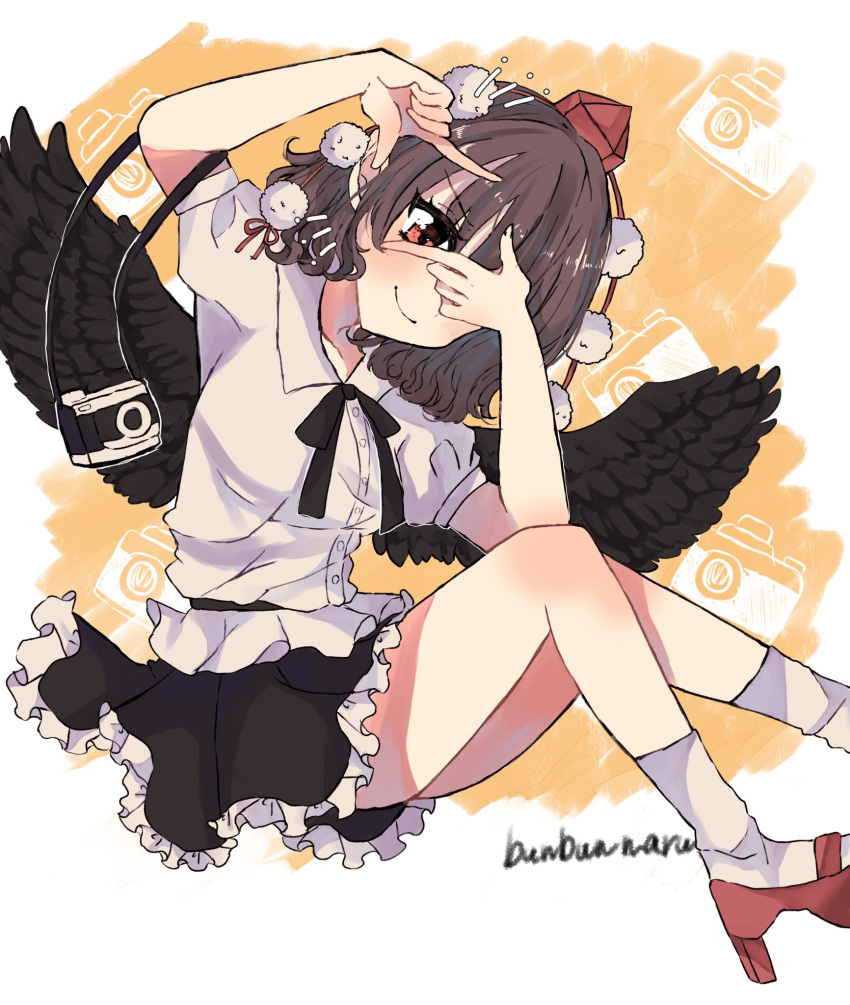 151moneco 1girl bird_wings black_skirt black_wings brown_hair closed_mouth commentary finger_frame frilled_skirt frills full_body hat highres looking_at_viewer orange_background pom_pom_(clothes) red_eyes red_footwear red_headwear shameimaru_aya shirt short_hair short_sleeves skirt smile socks solo symbol-only_commentary tokin_hat touhou white_shirt white_socks wings