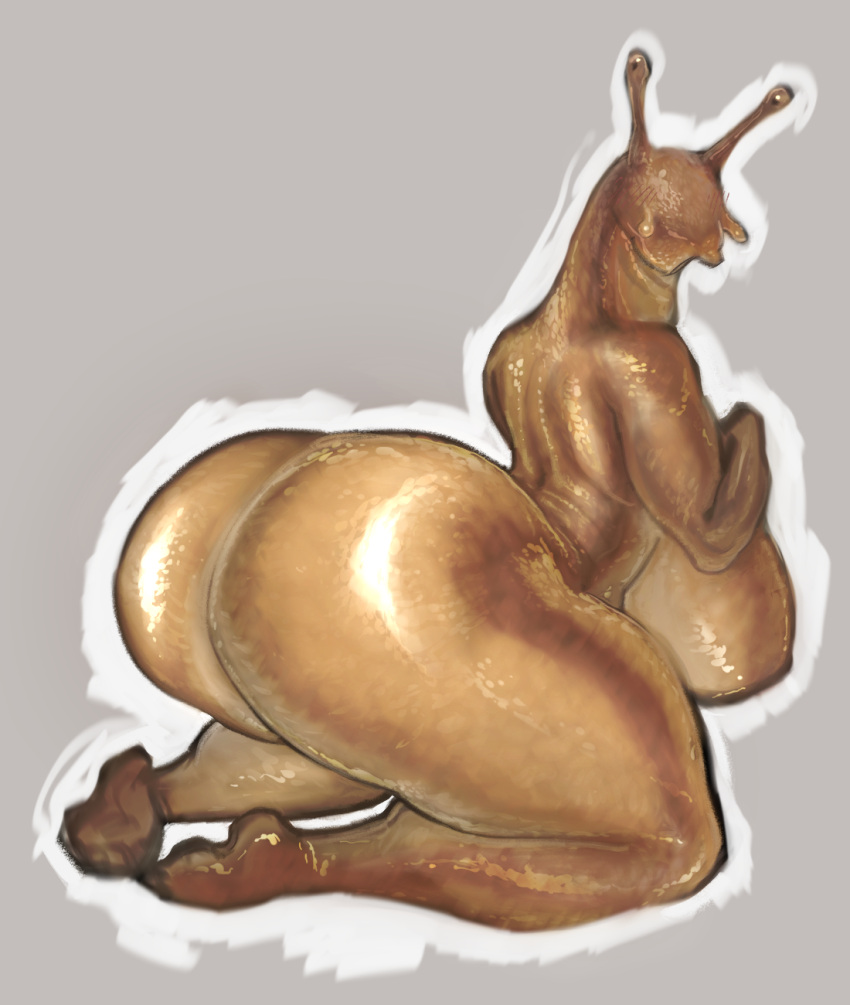 antennae_(anatomy) anthro big_breasts big_butt blush breasts butt curvy_figure detailed female gastropod glistening glitterawrxd hi_res illustration lubricated mollusk oiled_body slime small_feet snail solo voluptuous