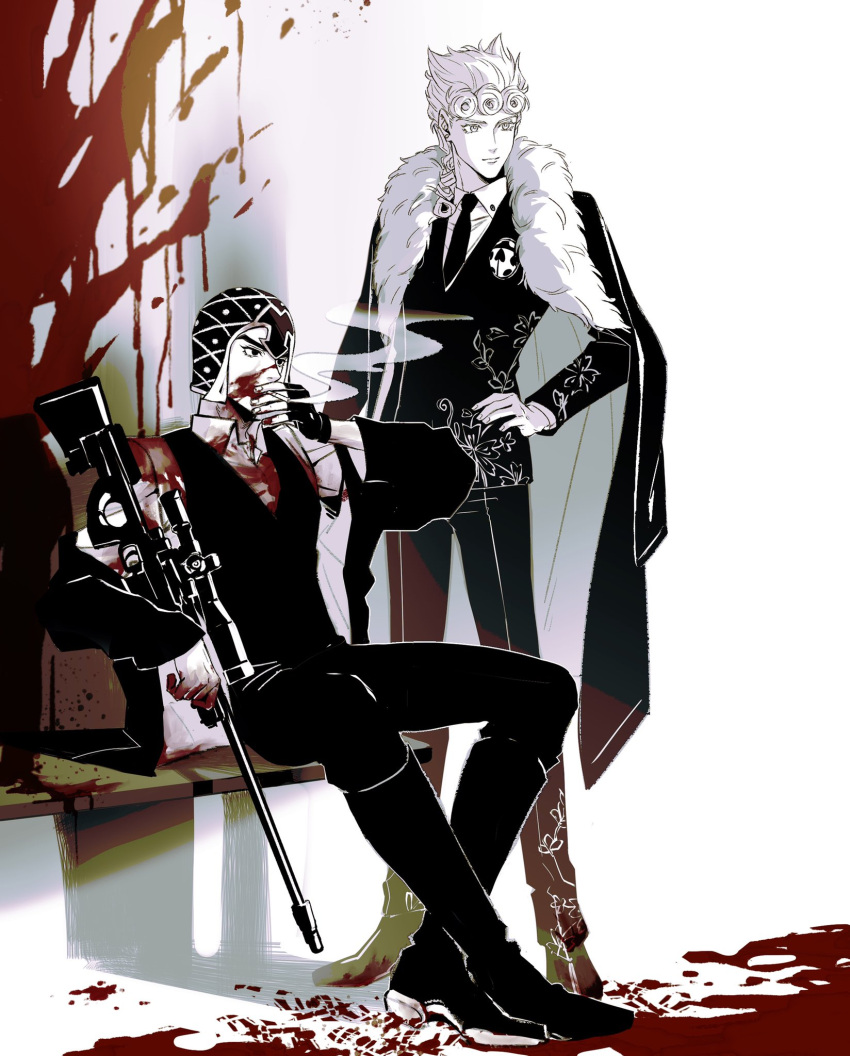 2boys blood blood_on_clothes blood_on_face blood_on_hands blood_splatter boots braid bug cigarette closed_mouth coat commentary fingerless_gloves full_body fur_trim giorno_giovanna gloves guido_mista gun hako_iix07 hand_on_own_hip hat highres holding holding_weapon jojo_no_kimyou_na_bouken ladybug long_hair long_sleeves looking_to_the_side male_focus multiple_boys necktie open_clothes shirt short_hair sitting smoke smoking standing symbol-only_commentary vento_aureo vest weapon