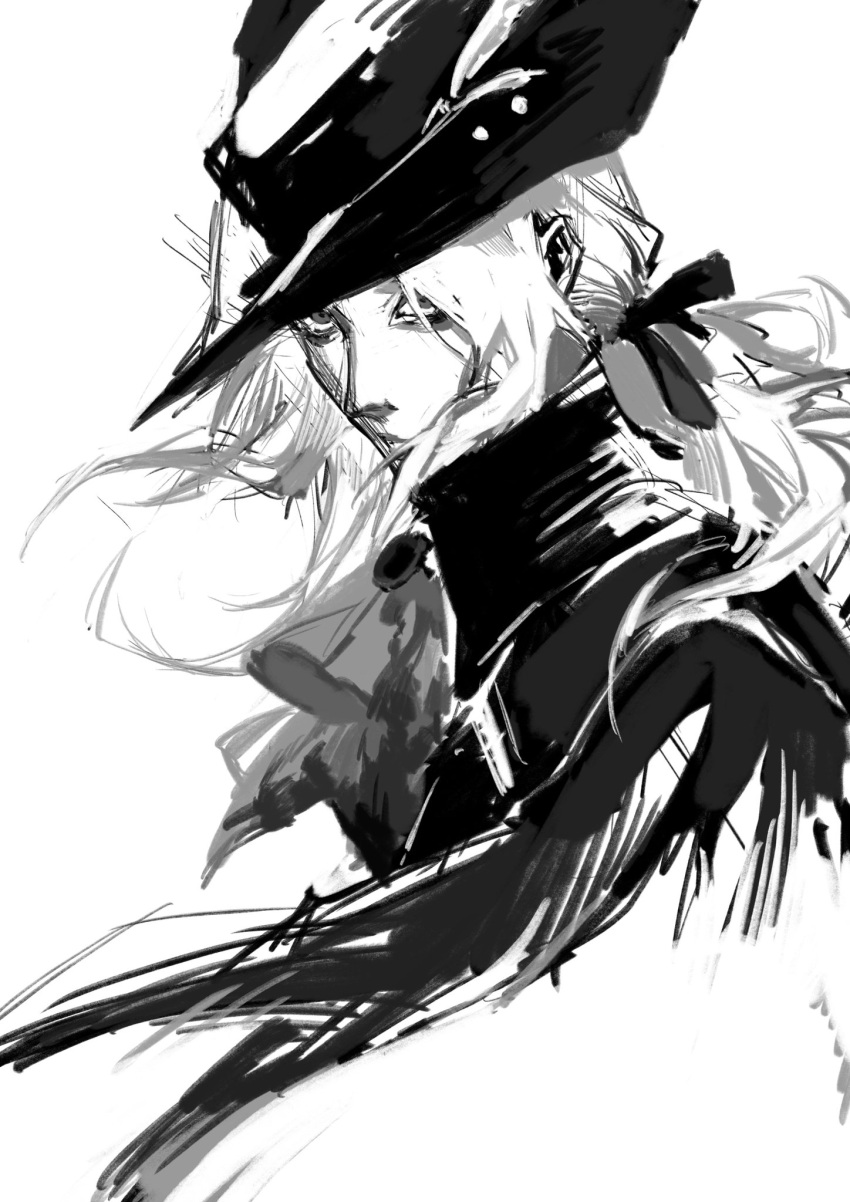 1girl ascot bloodborne greyscale hat highres jiao_chang lady_maria_of_the_astral_clocktower monochrome ponytail solo tricorne upper_body white_hair