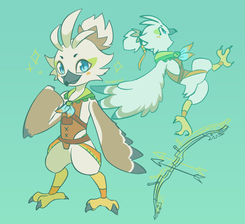 anthro armor avian beak bird blue_eyes blush bottomless bow_(weapon) child clothed clothing feathers hi_res honeybirdseed male multiple_images nintendo ranged_weapon rito solo talons the_legend_of_zelda topknot tulin_(zelda) weapon white_body white_feathers young