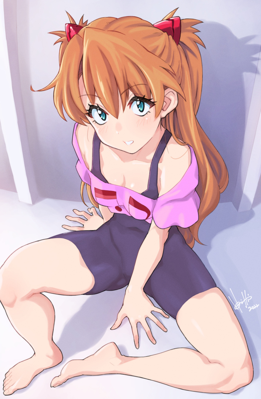 1girl aqua_eyes arm_support bare_shoulders barefoot between_legs blush breasts brown_hair cleavage collarbone cropped_shirt dated eyelashes feet from_above full_body grey_background hair_between_eyes hand_between_legs highres hori_shin knee_up legs long_hair looking_at_viewer looking_up neon_genesis_evangelion off-shoulder_shirt off_shoulder on_ground overall_shorts overalls pink_shirt purple_overalls shadow shirt signature sitting skin_tight skindentation small_breasts solo souryuu_asuka_langley teeth thighs toenails toes twintails