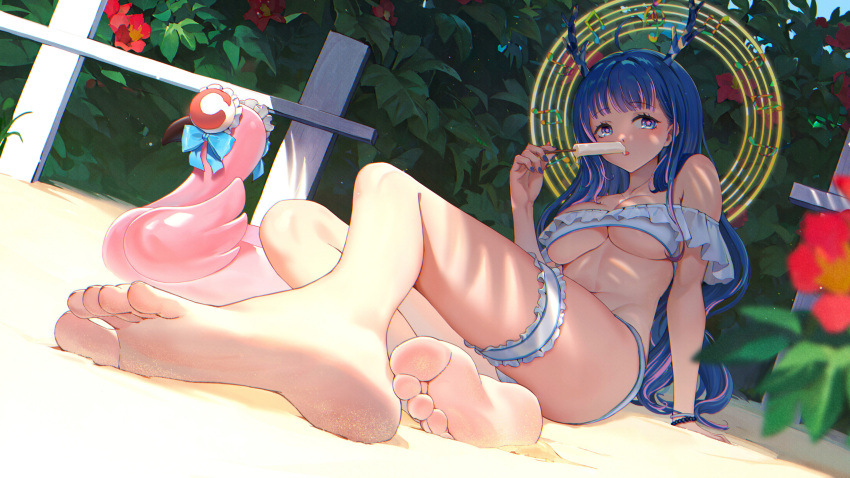 1girl absurdres ahoge area_(zero9971) arm_support bad_link bare_legs bare_shoulders barefoot bikini blue_eyes blue_hair blue_horns blue_nails blunt_bangs bracelet breasts bridal_garter chromatic_aberration curly_hair dappled_sunlight dragon_horns duck_innertube dutch_angle feet fence flower flower-shaped_pupils food food_in_mouth foot_focus full_body halo hand_up highres holding holding_food holding_popsicle horns indie_virtual_youtuber jewelry large_breasts leaf long_hair looking_to_the_side lying multicolored_hair musical_note navel off-shoulder_bikini off_shoulder on_side pink_hair pink_innertube popsicle popsicle_in_mouth red_flower sand shade shuiyaori solo stomach streaked_hair sunlight swimsuit symbol-shaped_pupils tree_shade underboob virtual_youtuber white_bikini wooden_fence