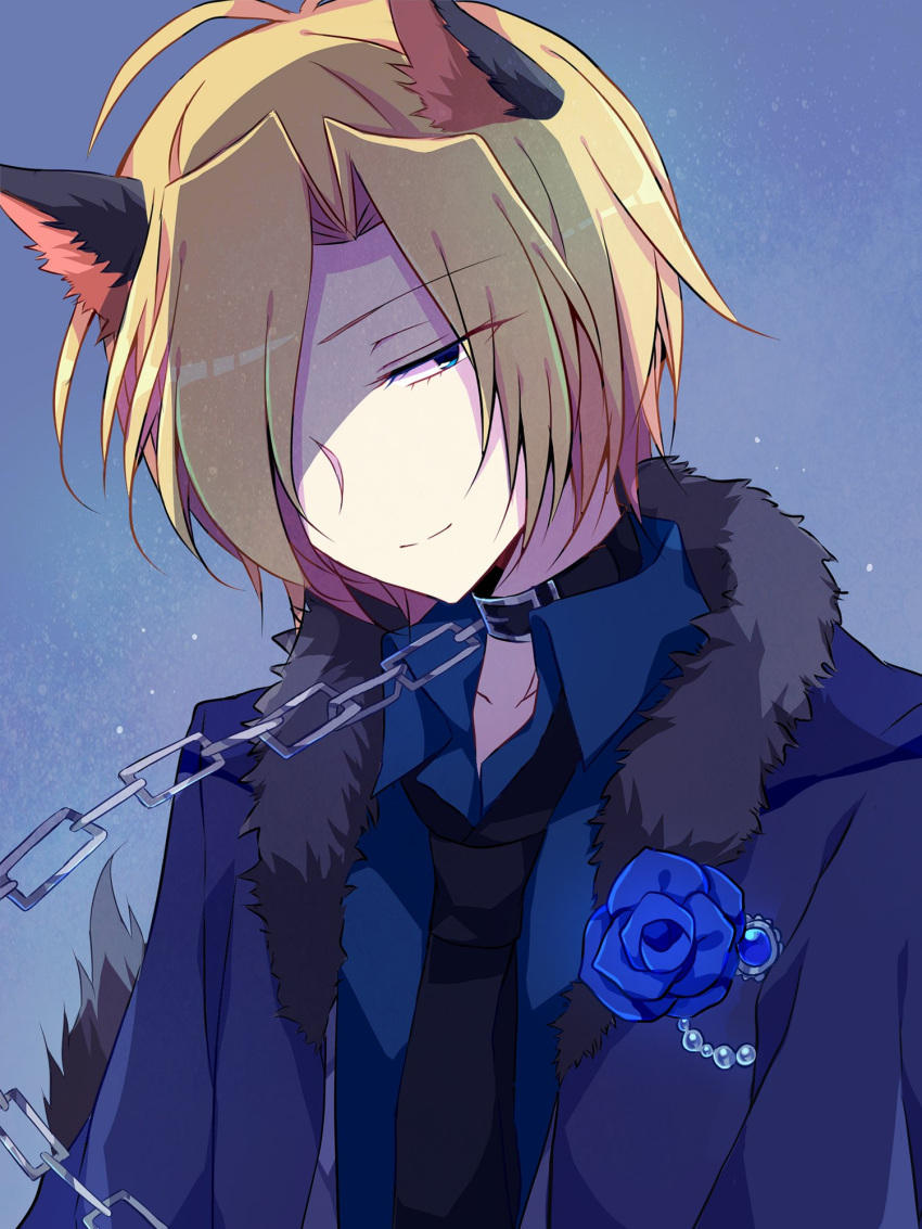 1boy alternate_costume animal_ears antenna_hair belt_collar black_collar black_necktie blonde_hair blue_background blue_eyes blue_flower blue_jacket blue_rose blue_shirt bluestar_iz boutonniere chain chain_leash collar collared_shirt flower fur-trimmed_jacket fur_trim hair_over_one_eye highres jacket kemonomimi_mode leash long_sleeves looking_at_viewer male_focus necktie noel_levine open_collar rose shaded_face shirt short_hair simple_background smile solo tail upper_body witch's_heart wolf_boy wolf_ears wolf_tail