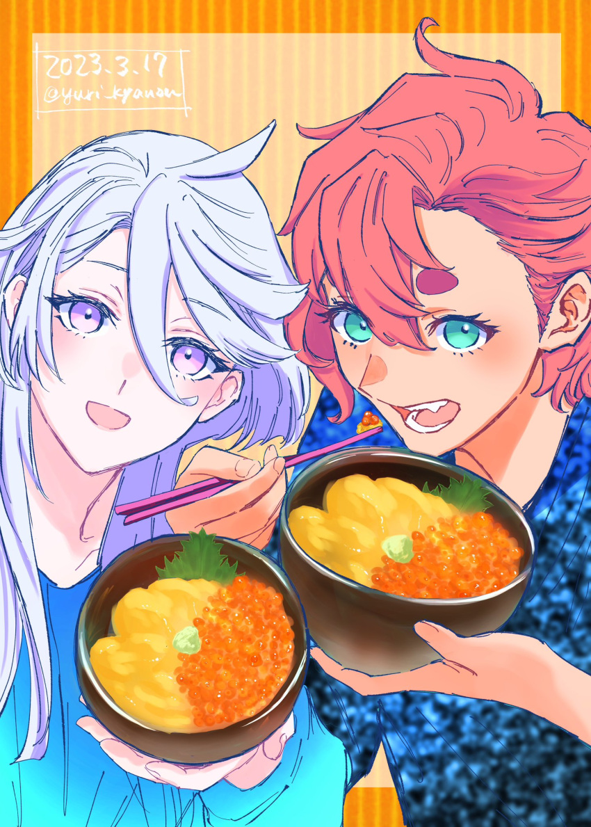 2girls aqua_eyes blue_shirt chopsticks commentary_request dated eating egg_(food) fish_(food) food gundam gundam_suisei_no_majo highres holding holding_chopsticks holding_food ikura_(food) long_hair looking_at_viewer miorine_rembran multiple_girls open_mouth orange_background purple_eyes red_hair shirt smile suletta_mercury teeth thick_eyebrows twitter_username wasabi white_hair yuri_kyanon