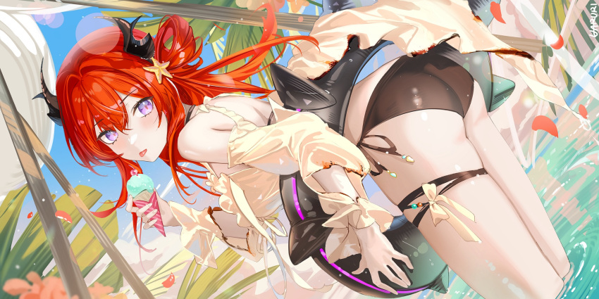1girl arknights artist_name ass back_cutout bare_shoulders bent_over bikini black_bikini blue_sky burnt_clothes clothing_cutout cloud commentary_request cowboy_shot demon_horns food from_behind fruit hair_rings haruri highres holding holding_food holding_ice_cream horns ice_cream long_hair long_sleeves looking_at_viewer looking_back official_alternate_costume outdoors purple_eyes red_hair shoulder_cutout sky solo starfish_hair_ornament strawberry surtr_(arknights) surtr_(colorful_wonderland)_(arknights) swimsuit swimsuit_cover-up thigh_strap tongue tongue_out wading water
