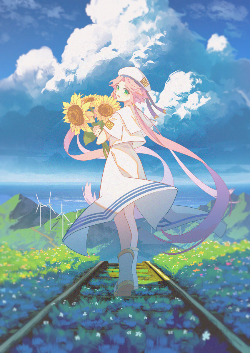 1girl absurdres aqua_eyes aria aria_company_uniform beret boots cloud cloudy_sky day dress floating_hair flower grass hair_tubes hat hat_ribbon highres holding holding_flower jiege long_dress looking_at_viewer looking_back mizunashi_akari ocean open_mouth outdoors pink_hair railroad_tracks ribbon short_hair_with_long_locks short_sleeves sky solo standing sunflower uniform white_dress white_footwear white_headwear wind_turbine yellow_flower