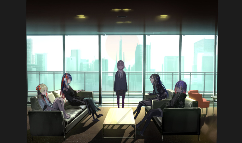 5girls backlighting barefoot black_eyes black_hair black_jacket black_shirt blazer blue_hair blue_jacket braid brown_skirt building ceiling_light city coffee_table colored_inner_hair couch crop_top day flower glass_wall green_skirt grey_skirt hair_flower hair_ornament harusaruhi highres indoors isekai_joucho jacket kaf_(kamitsubaki_studio) kamitsubaki_studio koko_(kamitsubaki_studio) letterboxed long_hair long_skirt looking_at_another looking_at_viewer looking_to_the_side low_twin_braids medium_hair midriff multicolored_hair multiple_girls off-shoulder_shirt off_shoulder open_mouth pantyhose pink_hair plaid plaid_skirt red_flower red_hair rim_(kamitsubaki_studio) school_uniform shadow shirt short_sleeves sitting skirt skyline slippers spaghetti_strap standing streaked_hair sun_1200 table twin_braids white_shirt wide-eyed wide_shot yellow_eyes