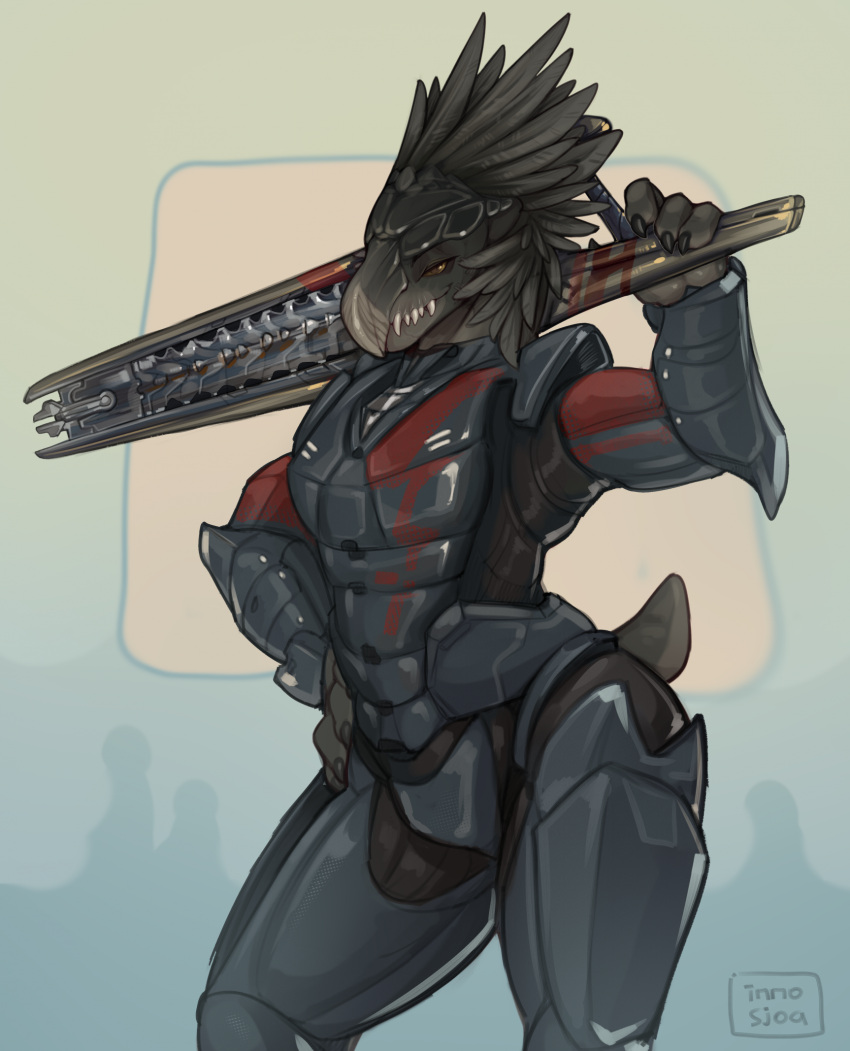 2023 4_fingers alien anthro armor avian beak beam_rifle claws clothed clothing codpiece colored cuirass cuisse digital_media_(artwork) energy_weapon erection feathers finger_claws fingers front_view futuristic futuristic_armor grey_body grey_eyes gun halo_(series) hand_on_hip head_feathers hi_res holding_gun holding_object holding_ranged_weapon holding_weapon inno-sjoa kig-yar knot looking_at_viewer male markings microsoft pinup pose pupils ranged_weapon scalie science_fiction sharp_teeth short_tail signature slit_pupils smile solo standing t'vaoan tail teeth vambrace weapon weapon_on_shoulder xbox_game_studios zath-kehk_(zavan)