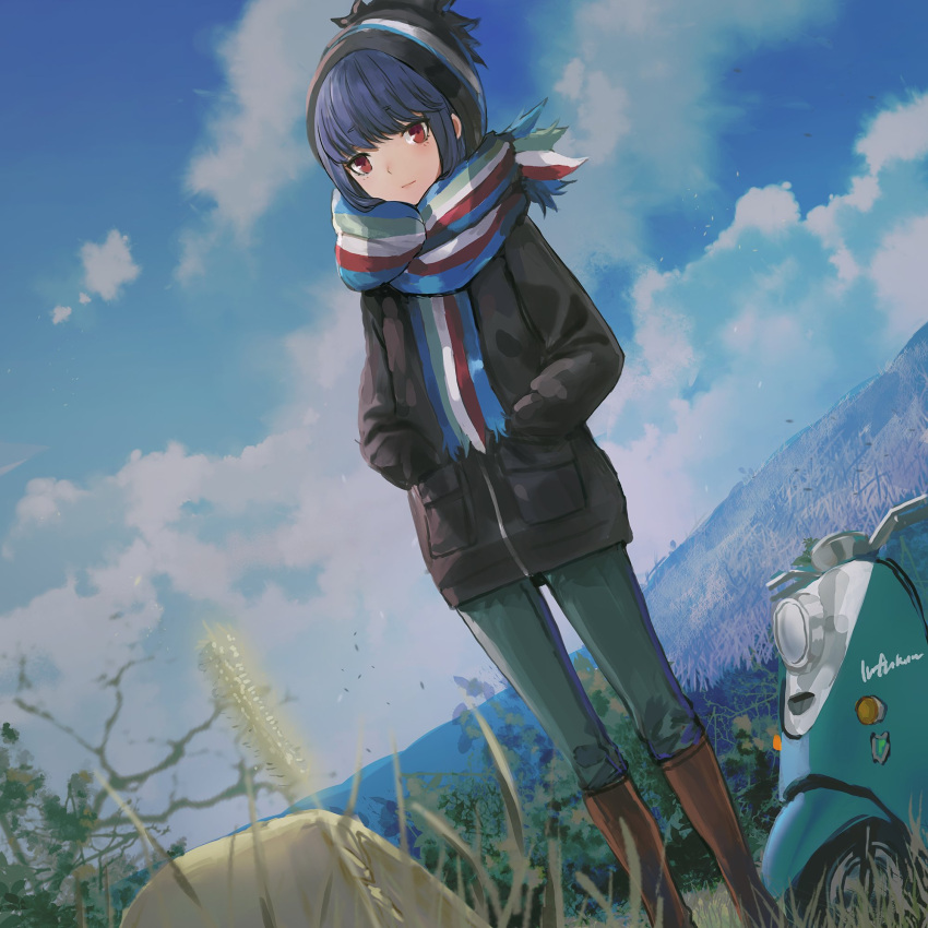 1girl artist_name black_headwear black_jacket blue_hair boots closed_mouth cloud day dutch_angle expressionless grass hands_in_pockets hat highres infukun jacket long_sleeves looking_at_viewer motor_vehicle multicolored_clothes multicolored_scarf outdoors pants red_eyes scarf shima_rin signature solo standing tent yamaha_vino yurucamp