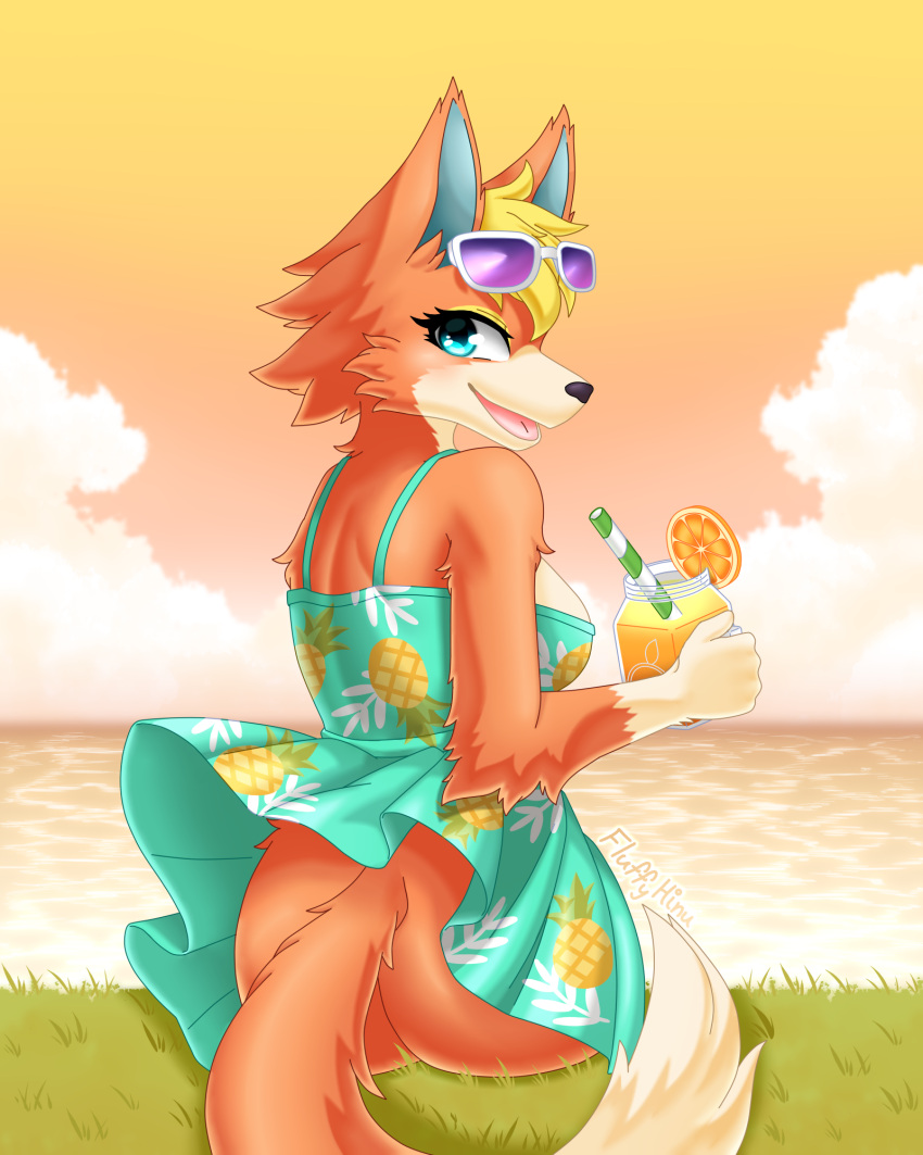 animal_crossing anthro audie_(animal_crossing) canid canine canis clothed clothing cloud female fluffy_hinu fur hi_res mammal nintendo orange_body orange_fur solo sunset wolf