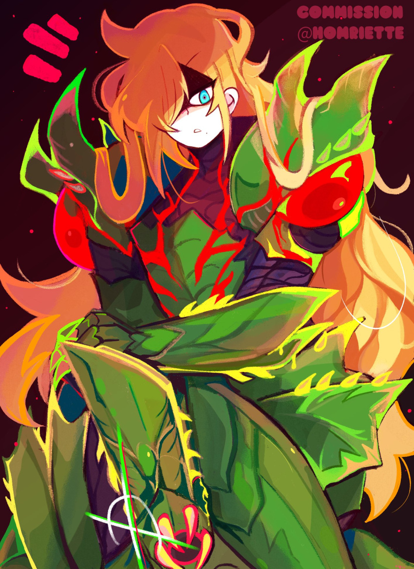 1girl arm_cannon armor blonde_hair blue_eyes hair_over_one_eye highres homriette long_hair looking_at_viewer messy_hair metroid metroid_dread metroid_suit mole mole_under_mouth partially_shaded_face power_armor power_suit samus_aran shoulder_spikes sitting solo spikes very_long_hair weapon