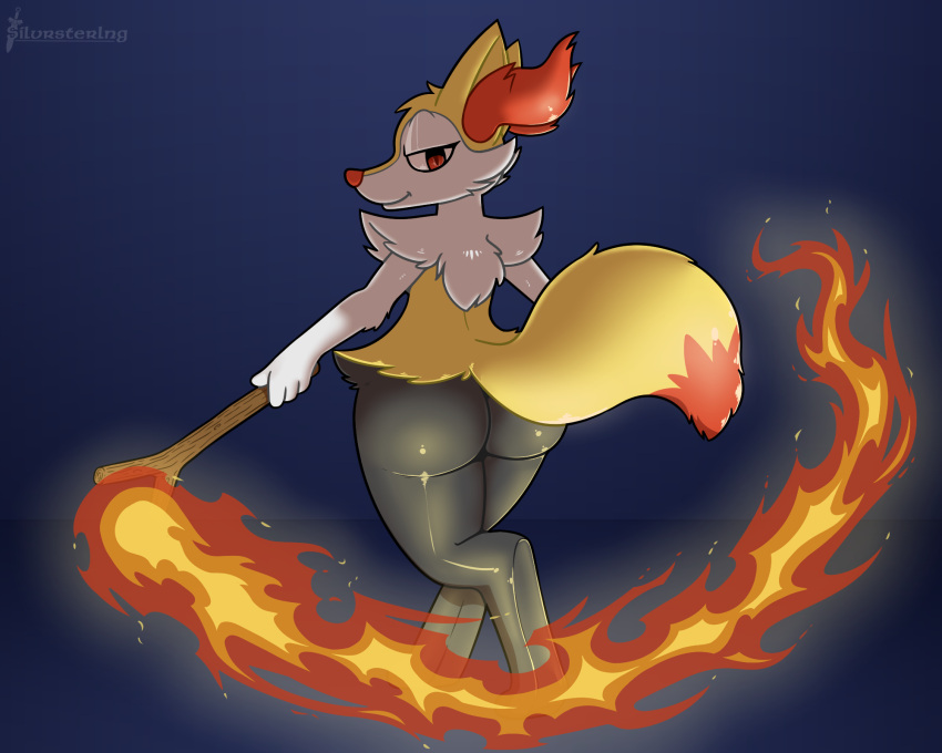 ambiguous_gender anthro big_butt braixen butt fire generation_6_pokemon hi_res looking_at_viewer looking_back looking_back_at_viewer magic nintendo pokemon pokemon_(species) silvrsterlng simple_background solo stick thick_thighs wand