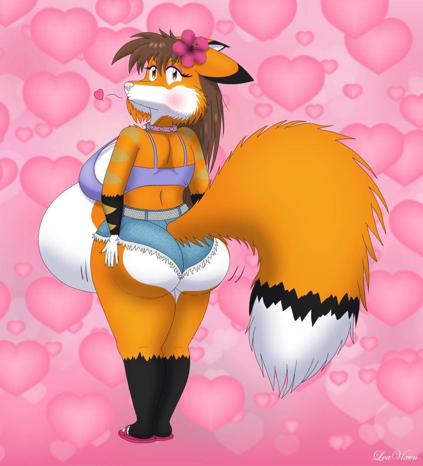 &lt;3 accessory anthro belly big_belly big_breasts big_butt big_tail black_body black_fur blush bottomwear breasts brown_eyes brown_hair butt butt_pose canid canine choker clothing cutoffs denim denim_clothing female flower flower_in_hair fox fur hair hair_accessory heart_background hi_res jewelry leavixen leokitsune looking_back mammal necklace orange_body orange_fur plant pose pregnant pregnant_female shorts solo tail white_body white_fur