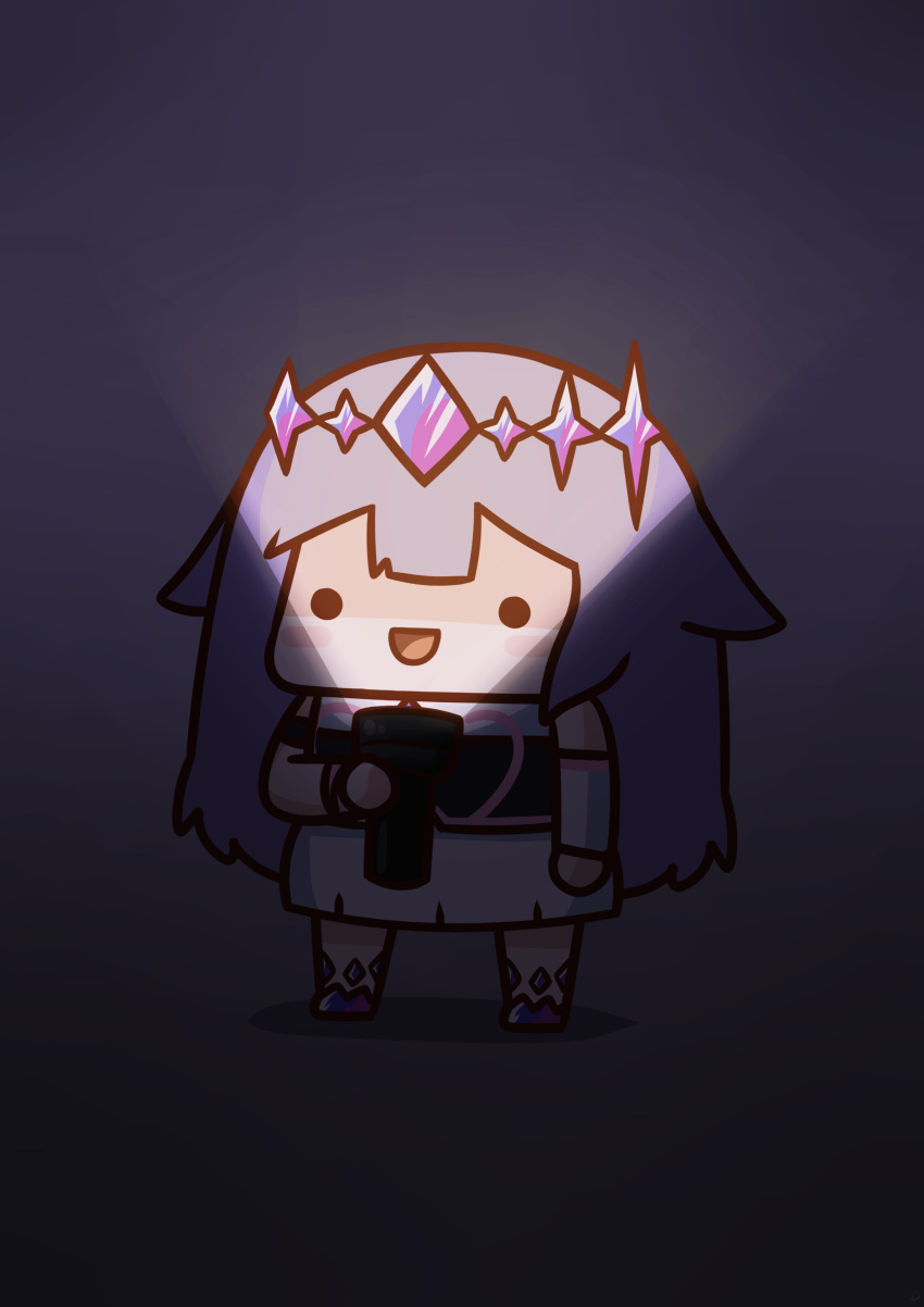 1girl :d absurdres blush_stickers chest_jewel chibi dark dress flashlight full_body gem hair_flaps highres holding holding_flashlight hololive hololive_english koseki_bijou long_hair looking_at_viewer open_mouth phdpigeon purple_hair single_arm_guard smile solid_circle_eyes solo tiara