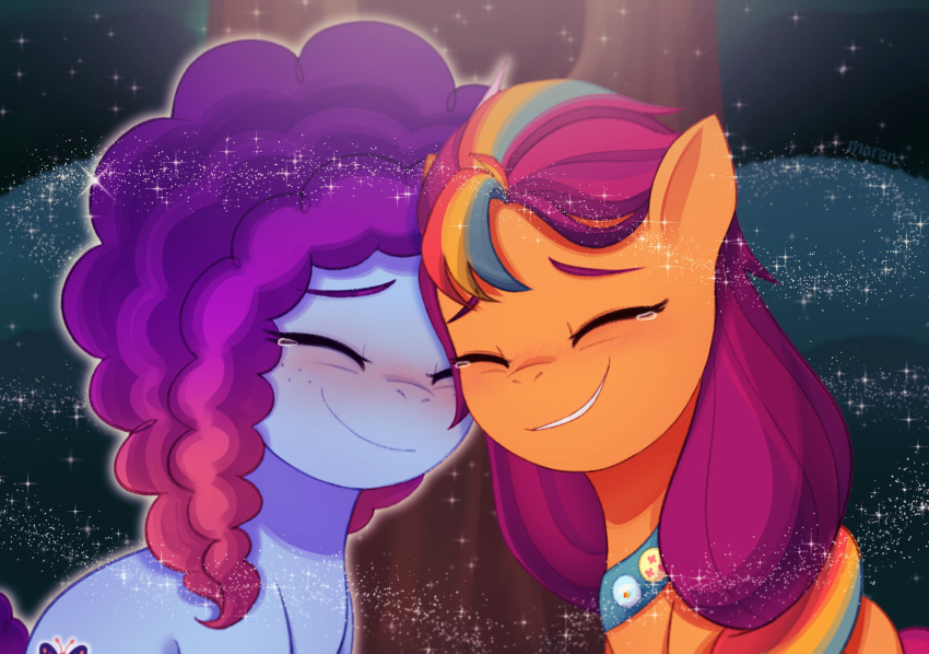 badge blush bodily_fluids crying cuddling earth_pony equid equine eyes_closed freckles hair hasbro head_to_head hi_res horn horse mammal marenlicious misty_(g5) mlp_g5 my_little_pony pony purple_hair sunny_starscout_(mlp) tears tears_of_joy unicorn