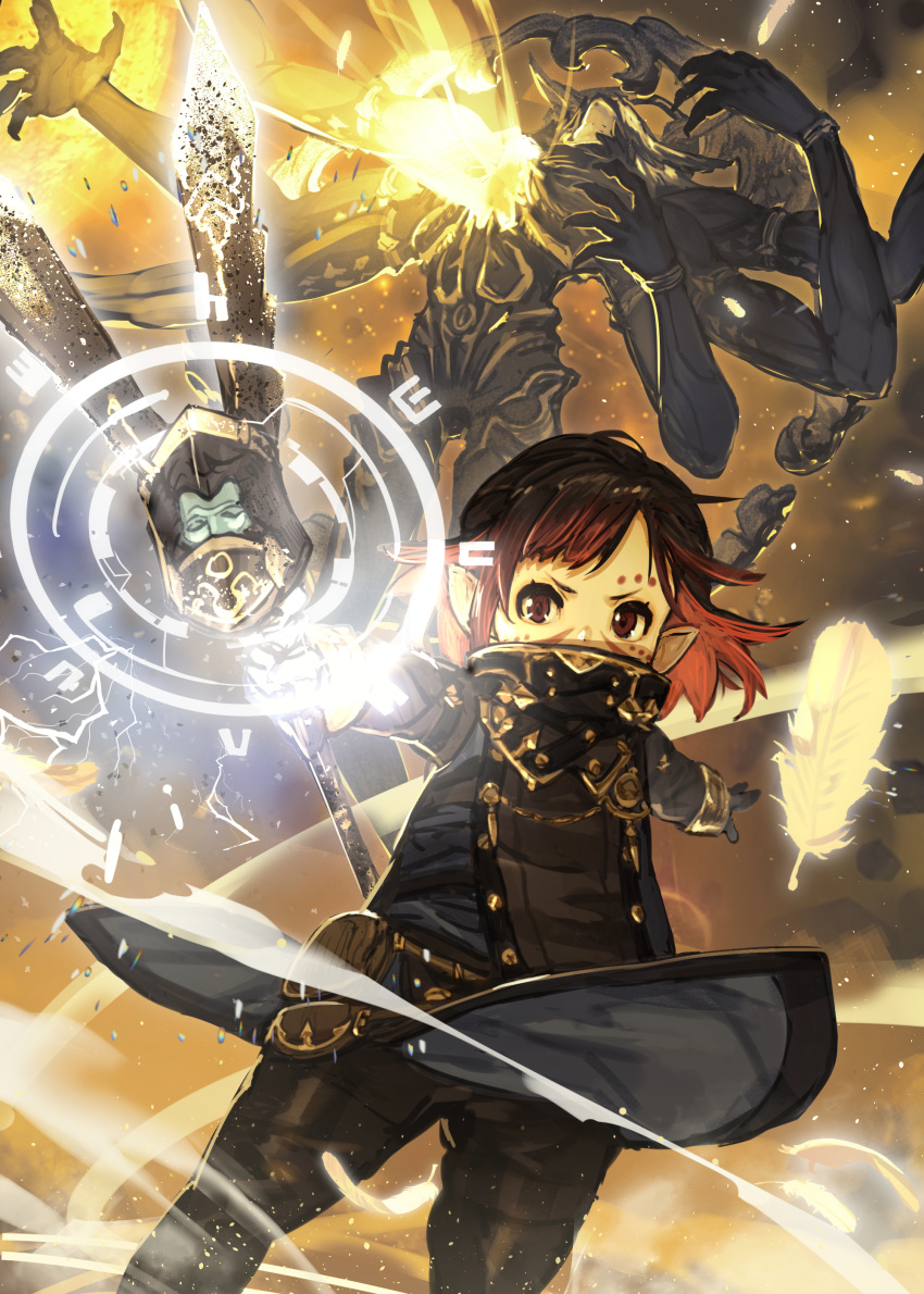 1girl absurdres black_mage brown_eyes brown_hair commission facepaint facial_mark feathers final_fantasy final_fantasy_xiv hide_(hideout) high_collar highres holding holding_staff lalafell magic_circle medium_hair pointy_ears skeb_commission solo staff warrior_of_light_(ff14) wind