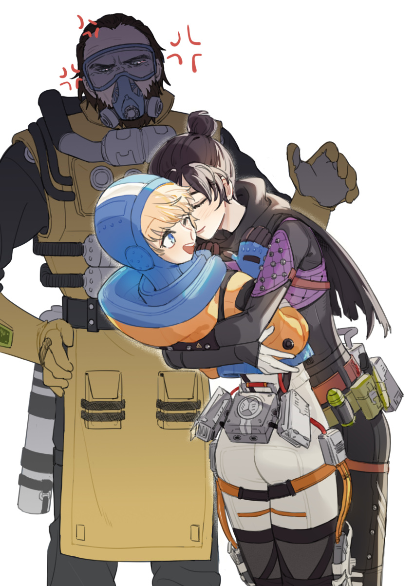 1boy 2girls absurdres anger_vein animification apex_legends ass belt black_bodysuit black_thighhighs blue_bodysuit bodysuit brown_belt brown_hair cable caustic_(apex_legends) chinese_commentary closed_eyes gas_mask gloves goggles green_eyes hair_behind_ear hair_bun hand_on_another's_shoulder hand_on_own_hip hazmat_suit head_tilt highres hood hood_down hood_up hooded_bodysuit hooded_jacket hug jacket leaning_back leaning_forward mask multiple_girls open_hand orange_jacket outline single_hair_bun smile thigh_strap thighhighs tuxiaoning_not v-shaped_eyebrows wattson_(apex_legends) white_background white_bodysuit white_outline wraith_(apex_legends) yellow_gloves yuri