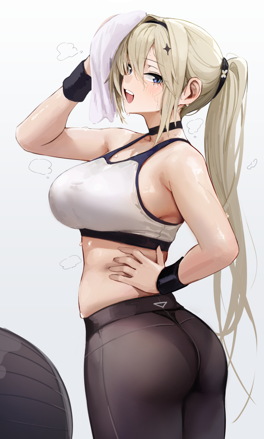 1girl absurdres ass azur_lane ball black_choker black_pants blush breasts chela77 choker exercise_ball hand_on_own_hip highres holding holding_towel large_breasts light_brown_hair long_hair looking_at_viewer official_alternate_costume painleve_(azur_lane) painleve_(team_stretching)_(azur_lane) pants ponytail simple_background skindentation smile solo sports_bra steaming_body teeth towel twisted_torso upper_teeth_only very_long_hair white_background white_sports_bra wristband yoga_pants