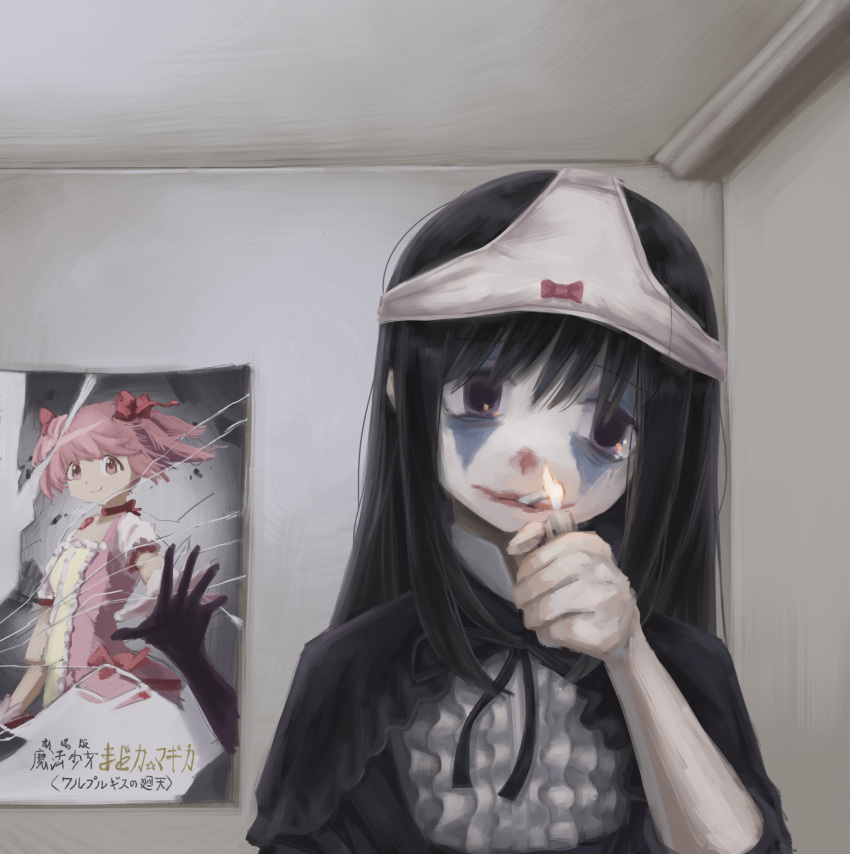 akemi_homura black_hair cigarette clown_makeup diu9you female_pervert gothic_lolita highres joker_(meme) lighting_cigarette lolita_fashion mahou_shoujo_madoka_magica makeup meme movie_poster object_on_head panties panties_on_head pervert underwear