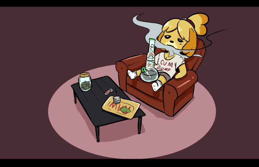 2022 absurd_res animal_crossing anthro canid canine chair clothing drugs female floppy_ears furniture hi_res isabelle_(animal_crossing) mammal mrbooshmaster nintendo shirt sitting smoking solo table text text_on_clothing text_on_shirt text_on_topwear topwear