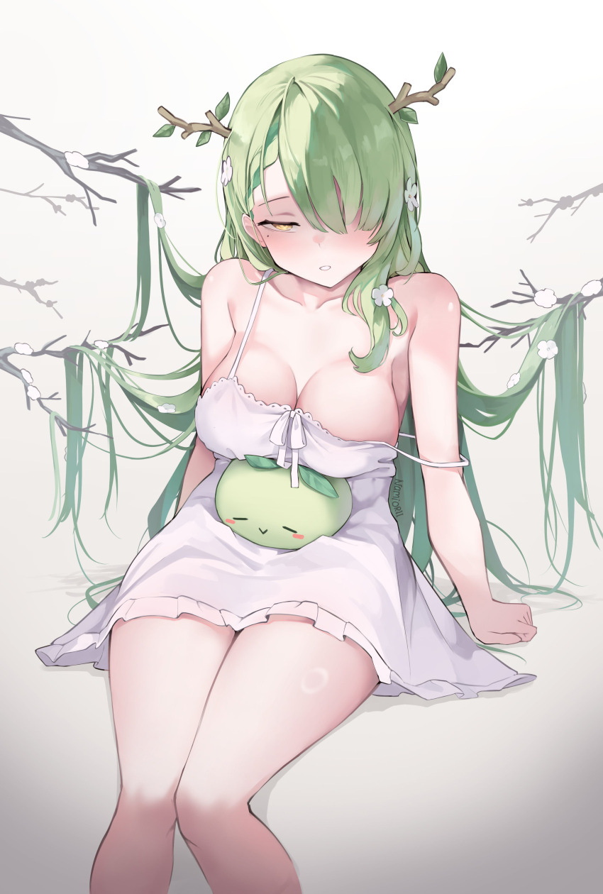 1girl absurdres antlers arm_support artist_name bare_arms bare_shoulders blush branch breasts ceres_fauna collarbone commentary feet_out_of_frame flower green_hair hair_flowing_over hair_over_one_eye half-closed_eye highres hololive hololive_english large_breasts leaf long_hair looking_at_viewer mascot mole mole_under_eye namiorii nightgown one_eye_covered parted_lips sapling_(ceres_fauna) simple_background sitting sleepwear sleepy snow solo strap_slip symbol-only_commentary teeth very_long_hair virtual_youtuber white_background white_flower white_nightgown yellow_eyes