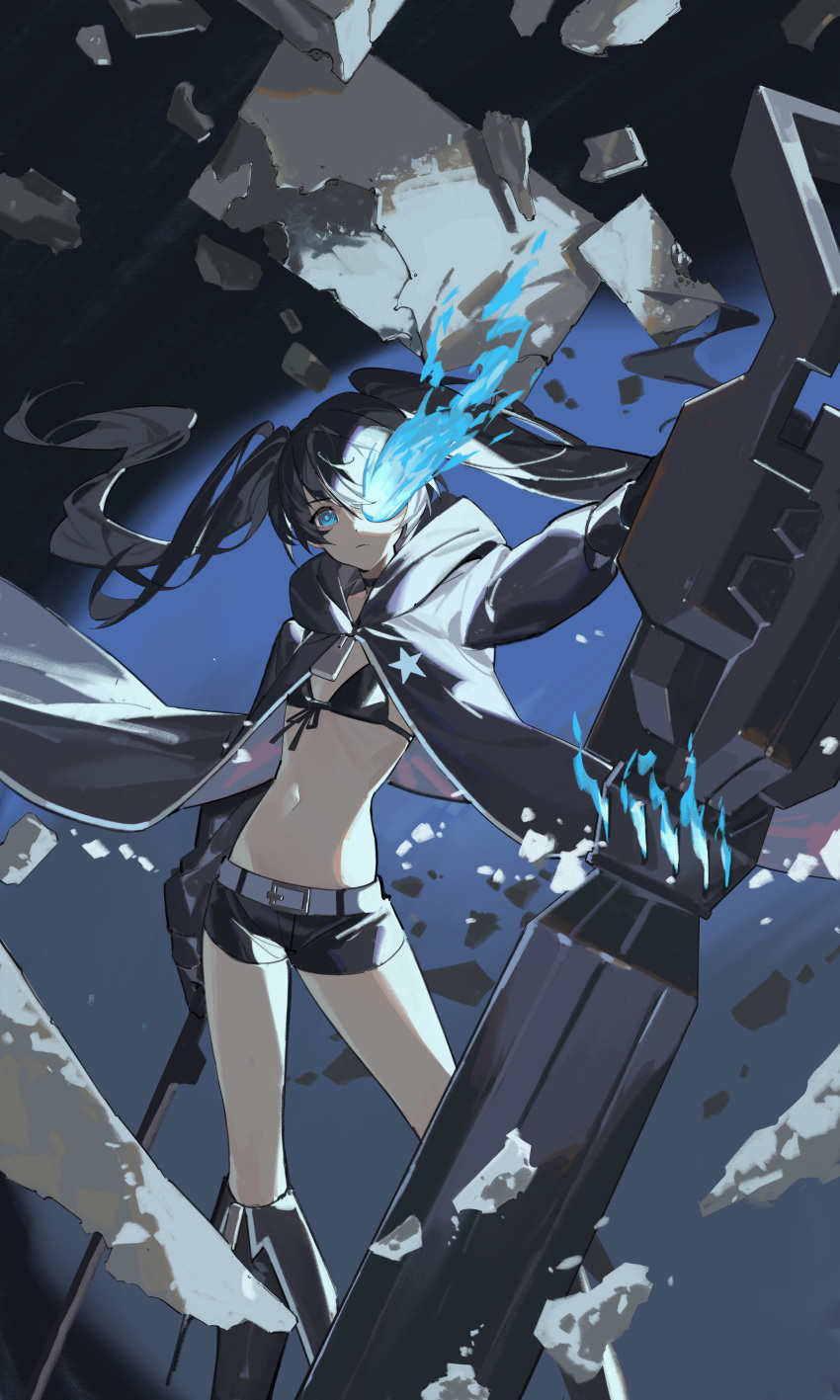 1girl absurdres belt bikini bikini_top_only black_bikini black_footwear black_hair black_jacket black_rock_shooter black_rock_shooter_(character) blue_eyes blue_fire boots cannon debris feet_out_of_frame fire flaming_eye flat_chest floating floating_object front-tie_bikini_top front-tie_top highres holding holding_cannon holding_sword holding_weapon huge_weapon jacket knee_boots long_hair looking_at_viewer navel open_clothes open_jacket ribs short_shorts shorts solo stomach swept_bangs swimsuit sword twintails weapon xe367 zipper_pull_tab