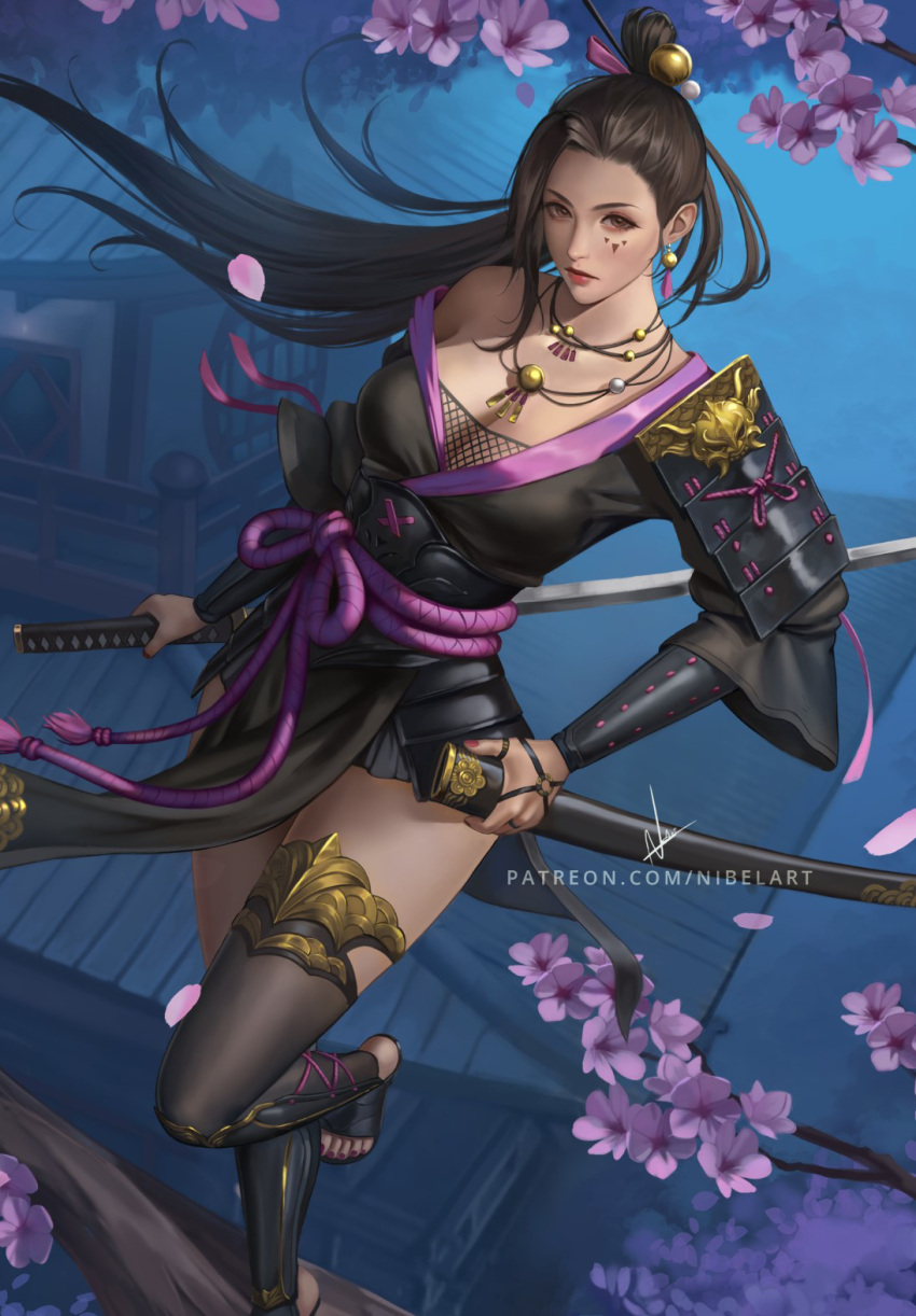 1girl architecture black_hair branch breasts brown_eyes cherry_blossoms cleavage commentary commission east_asian_architecture english_commentary epaulettes expressionless facial_mark highres holding holding_sheath holding_sword holding_weapon jewelry katana looking_at_viewer medium_breasts necklace nibelart night original petals ponytail red_lips red_nails sandals sheath solo standing standing_on_branch standing_on_one_leg sword thighhighs toes unsheathed weapon