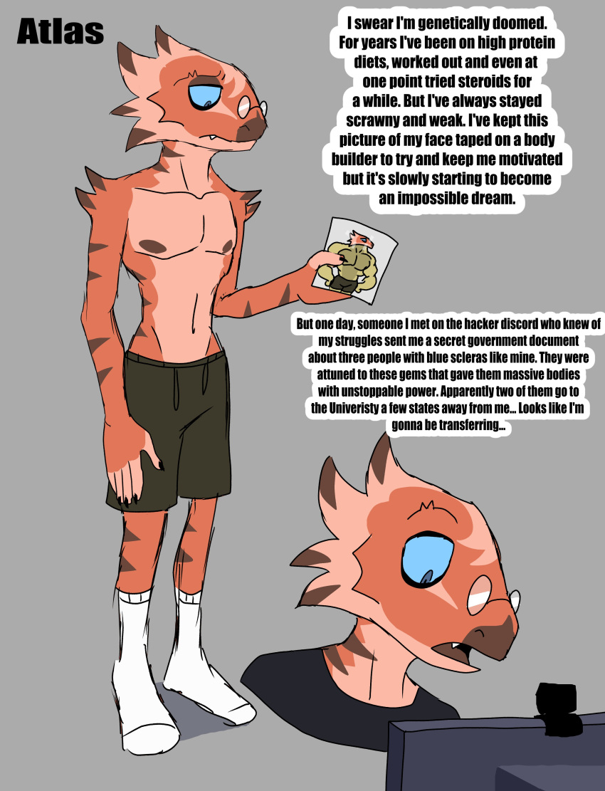 absurd_res amur_carp anthro atlas_(parttimeyeen) blue_eyes bottomwear brown_body carp clothing cyprinid cypriniform dialogue english_text eyewear fish footwear glasses hi_res hybrid koi lizard male marine multicolored_body nipples parttimeyeen_(artist) red_body reptile scalie shorts socks solo text typical_carp