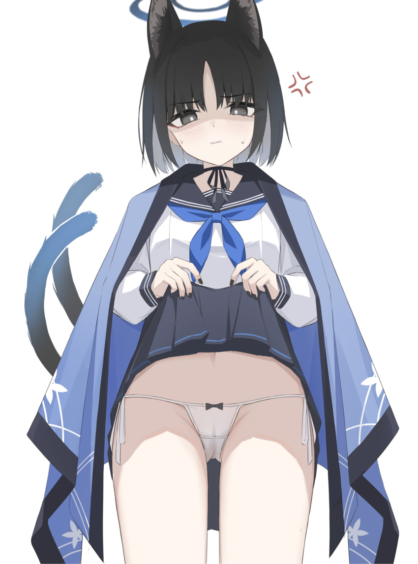 1girl absurdres anger_vein animal_ears black_eyes black_hair black_sailor_collar black_skirt blue_archive blue_neckerchief blush cat_ears cat_tail chinese_commentary clenched_teeth clothes_lift cowboy_shot haori highres japanese_clothes kikyou_(blue_archive) lifted_by_self long_sleeves looking_at_viewer multiple_tails neckerchief panties pleated_skirt sailor_collar school_uniform serafuku shaded_face shasha_(shasha159357) short_hair simple_background skirt skirt_lift solo tail teeth two_tails underwear white_background white_panties