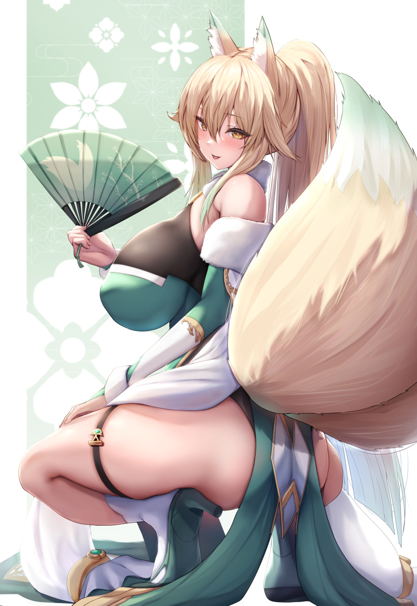 1girl absurdres animal_ears bare_shoulders blonde_hair blush breasts commentary_request commission folding_fan fox_ears fox_girl fox_tail from_behind green_footwear hand_fan high_heels highres holding holding_fan huge_breasts long_hair looking_at_viewer looking_back original parted_lips ponytail sidelocks skeb_commission smile socks squatting tail thigh_strap thighs tiri_man white_socks yellow_eyes