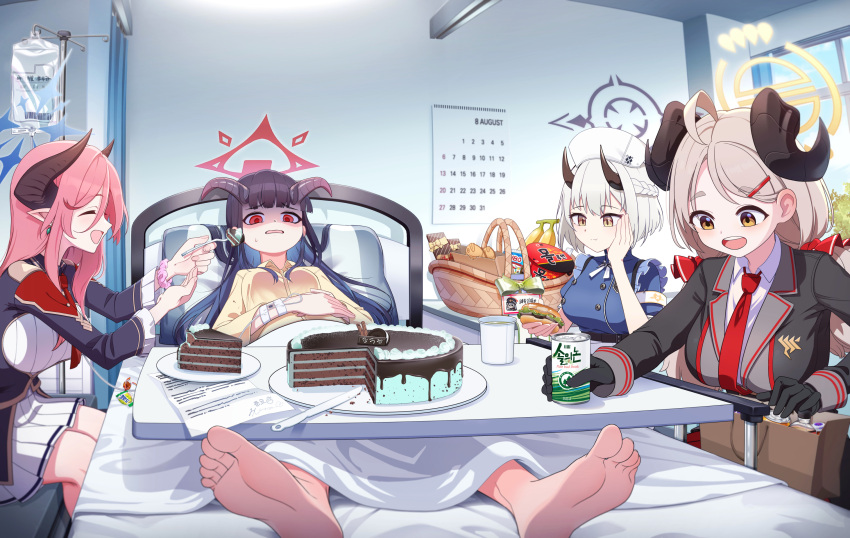 4girls :d ahoge alternate_costume bag banana barefoot bed bed_sheet black_gloves black_hair blanket blazer blue_archive blue_sky blunt_bangs blurry braid brown_eyes burger calendar_(object) cameo can candy chocolate chocolate_bar collared_shirt commentary_request cup_ramen demon_girl demon_horns depth_of_field feeding food fork fruit fuuka_(blue_archive) gloom_(expression) gloves grey_hair hair_between_eyes hair_ornament hairclip halo haruna_(blue_archive) hat highres holding holding_can holding_food holding_fork horns hospital hospital_bed hospital_gown indoors intravenous_drip izumi_(blue_archive) jacket juri_(blue_archive) long_hair low_twintails lying mnnnya multiple_girls necktie note nurse nurse_cap on_back paper_bag picnic_basket pill pink_hair pointy_ears red_eyes red_necktie school_uniform sena_(blue_archive) shirt short_hair sick sidelocks single_braid sky smile soles sweatdrop table taiyaki tiramisu toes translation_request twintails wagashi window