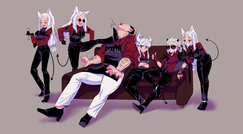 1boy 5girls absurdres apron black_apron black_hair black_jacket black_necktie black_pants black_vest bowing cerberus_(helltaker) couch cup drinking_glass gloves grey_background helltaker helltaker_(character) highres holding holding_cup impersonation jacket jacket_on_shoulders justice_(helltaker) kicking lucifer_(helltaker) moonsvgar multiple_girls necktie on_couch pants red_eyes red_gloves red_shirt round_eyewear shirt smug sunglasses vest white_pants wine_glass