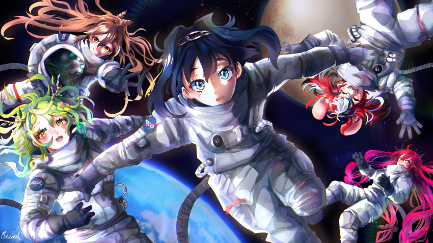 6+girls absurdres astronaut black_hair blush brown_hair ceres_fauna chain_headband commentary earth_(planet) english_commentary green_hair hakos_baelz helmet highres holocouncil hololive irys_(hololive) long_hair looking_at_viewer miku_(mikururun) multicolored_hair multiple_girls nanashi_mumei open_mouth ouro_kronii pink_hair planet red_hair reflection smile space space_helmet spacesuit streaked_hair tsukumo_sana white_hair