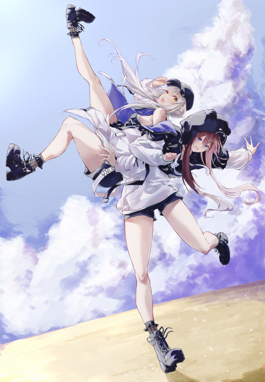 2girls absurdres animal_hood ankle_boots asahi_tsujino back-to-back baseball_cap bear_hood black_footwear black_headwear black_hoodie black_shorts blue_eyes bobby_socks boots brown_hair carrying cross-laced_footwear dual_persona full_body hat high_heel_boots high_heels highres hololive hood hood_up hoodie lace lace-up_boots lace_socks locked_arms long_hair looking_at_viewer multiple_girls outdoors piggyback platform_boots platform_footwear platform_heels short_shorts shorts sidelocks socks tokino_sora tokino_sora_(6th_costume) two-tone_hoodie virtual_youtuber white_hoodie yoruno_sora