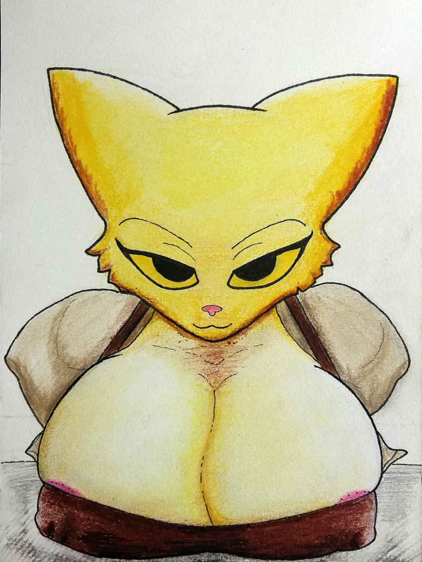 2023 anthro bedroom_eyes bethesda_softworks big_breasts breasts clothed clothing felid female hi_res katia_managan khajiit leaning leaning_forward looking_at_viewer mammal narrowed_eyes prequel_adventure seductive simple_background solo the_elder_scrolls traditional_media_(artwork) visible_areola webcomic xoxmatch_(artist) yellow_body yellow_eyes