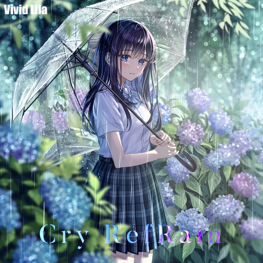 1girl absurdres album_cover album_name black_hair blue_eyes blurry blurry_background blurry_foreground blush bokeh cover depth_of_field flower garden highres holding holding_umbrella hydrangea long_hair original outdoors parted_lips plaid plaid_skirt rain ribbon sakura_(39ra) school_uniform shirt short_sleeves skirt solo transparent transparent_umbrella umbrella water_drop