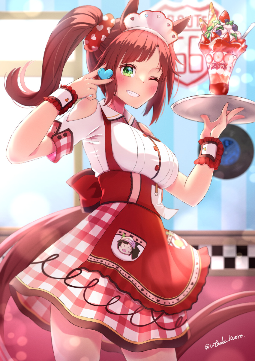 1girl animal_ears apron blush breasts brown_hair clothing_cutout collared_shirt cowboy_shot food green_eyes grin hair_ornament hair_scrunchie highres holding holding_tray horse_ears horse_girl horse_tail ice_cream indoors ines_fujin_(melty_gift)_(umamusume) ines_fujin_(umamusume) lens_flare long_hair maid_headdress medium_breasts one_eye_closed plaid plaid_skirt red_skirt route_66 scrunchie shirt short_sleeves shoulder_cutout side_ponytail skirt smile solo standing sundae tail tray twitter_username umamusume utada_kuero waist_apron white_shirt wrist_cuffs