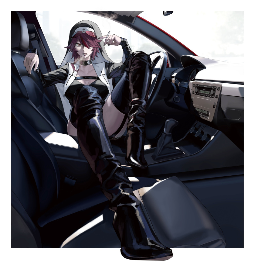 1girl absurdres alternate_costume baiyinzhideng belt_choker black_footwear black_garter_straps black_nails black_shirt boots border breasts car car_interior chest_belt cigarette cleavage coif eyewear_on_head garter_straps genshin_impact hair_over_one_eye high_heel_boots high_heels highres holding holding_cigarette knees_up large_breasts long_sleeves looking_ahead lower_teeth_only motor_vehicle multicolored_hair open_mouth outside_border purple-tinted_eyewear purple_hair rosaria_(genshin_impact) shirt sitting sitting_sideways smoking solo streaked_hair teeth thigh_boots tinted_eyewear white_border