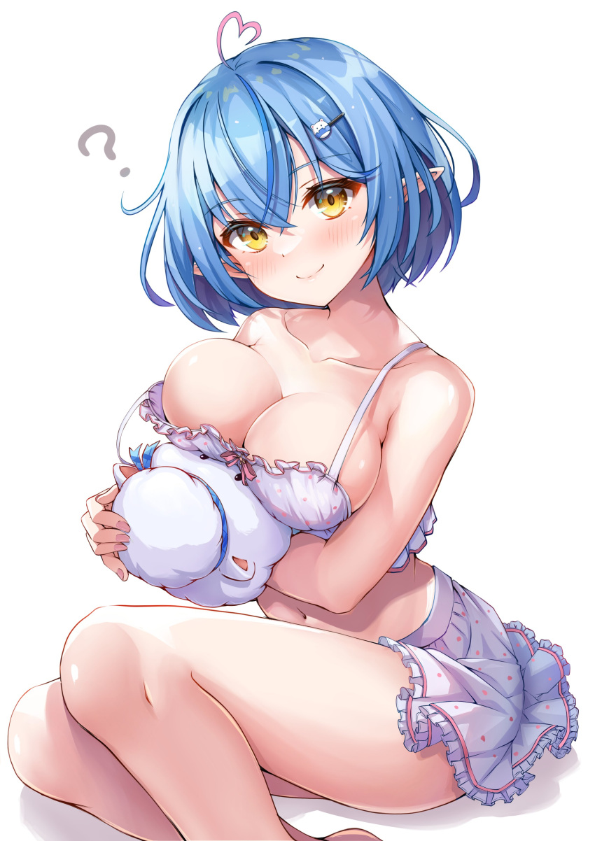 1girl ? absurdres ahoge bare_shoulders blue_hair blush bob_cut breast_press breasts camisole character_hair_ornament closed_mouth collarbone commentary_request crossed_bangs double-parted_bangs elf fingernails frilled_skirt frills hair_between_eyes hair_ornament hairclip head_tilt heart heart_ahoge highres hololive hug large_breasts navel official_alternate_costume official_alternate_hair_length official_alternate_hairstyle pointy_ears polka_dot polka_dot_camisole polka_dot_skirt shadow short_hair simple_background sitting skirt sleepwear smile strap_slip thighs tmo-cat virtual_youtuber white_background white_skirt yellow_eyes yukihana_lamy yukihana_lamy_(4th_costume) yukimin_(yukihana_lamy)