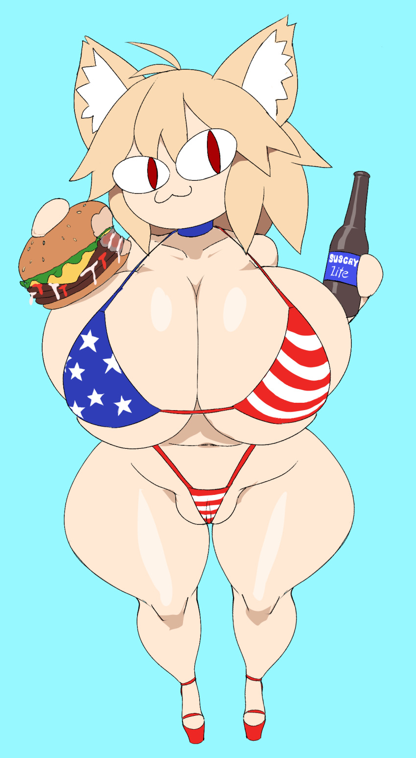 animal_humanoid big_breasts bikini breasts camel_toe cat_humanoid clitoris_outline clothing felid felid_humanoid feline feline_humanoid female hi_res huge_breasts humanoid mammal mammal_humanoid solo stars_and_stripes swimwear thecon thick_thighs united_states_of_america