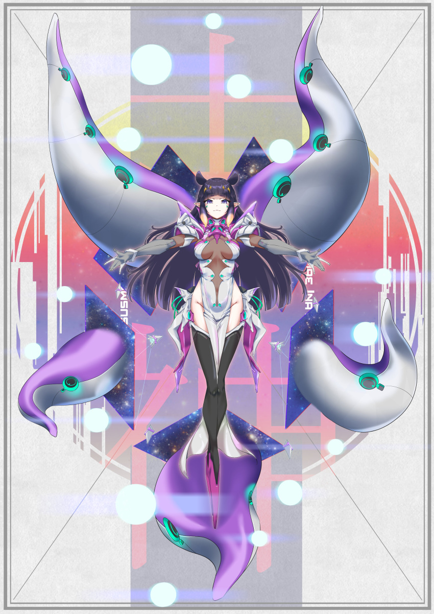 1girl absurdres armor black_hair black_thighhighs breasts diamond_hair_ornament dress facial_mark full_body highres hololive hololive_english leotard long_hair mecha_musume mechanical_arms mechanical_tentacles multicolored_hair ninomae_ina'nis orange_hair pelvic_curtain pink_footwear purple_eyes see-through see-through_leotard shoulder_armor sky solo star_(sky) starry_sky tentacle_hair thighhighs two-tone_hair uhen white_dress