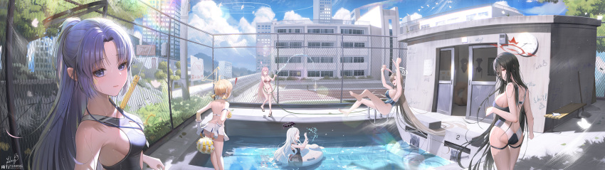 ! 6+girls absurdres ahoge animal_ears artist_name ass asuna_(blue_archive) asuna_(bunny)_(blue_archive) bare_arms bare_legs bare_shoulders barefoot black_hair black_one-piece_swimsuit blonde_hair blue_archive blue_eyes blue_leotard blush breasts clock closed_mouth day facial_mark fake_animal_ears flat_chest gloves halo hanako_(blue_archive) hanako_(swimsuit)_(blue_archive) hasumi_(blue_archive) highres hina_(blue_archive) hina_(swimsuit)_(blue_archive) holding holding_pom_poms innertube kotori_(blue_archive) kotori_(cheer_squad)_(blue_archive) large_breasts leotard light_brown_hair long_hair mechanical_halo medium_breasts millennium_cheerleader_outfit_(blue_archive) multiple_girls o_o official_alternate_costume one-piece_swimsuit open_mouth outdoors panties pleated_skirt pom_pom_(cheerleading) pool purple_eyes purple_hair rabbit_ears red_eyes red_halo short_twintails signature skirt sliding_doors smile star_(symbol) strapless strapless_leotard swimsuit twintails underwear very_long_hair wall_clock water wet white_gloves white_hair white_panties white_skirt yellow_halo yuuka_(blue_archive) yuxing_yuhang