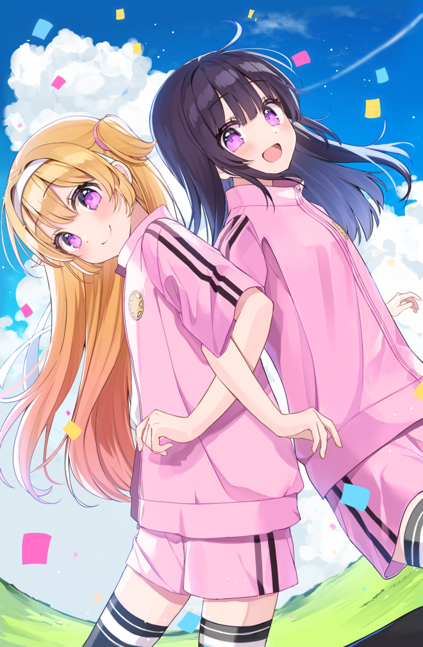 2girls :d black_hair black_thighhighs blonde_hair blue_sky confetti from_side hair_ribbon hairband highres hinata_to_hikari jacket looking_at_viewer multiple_girls novel_illustration official_art pink_jacket pink_ribbon pink_shorts purple_eyes ribbon shorts sky smile thighhighs track_jacket two_side_up white_hairband yushima