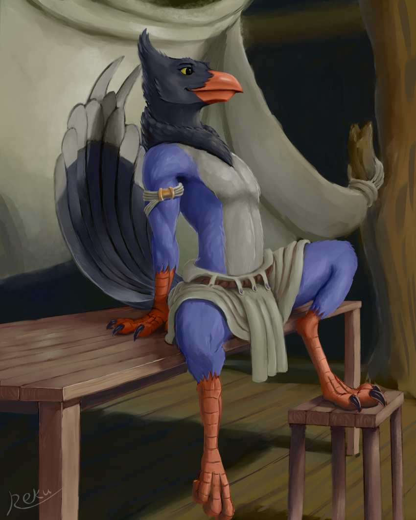 2023 3_toes 4_fingers absurd_res animal_humanoid anthro avian avian_feet avian_humanoid barefoot beak biped bird black_body black_feathers blue_body blue_feathers bottomwear claws cloth clothing corvid corvus_(genus) digital_media_(artwork) digital_painting_(artwork) digitigrade feathers feet fingers full-length_portrait furniture hi_res humanoid loincloth male multicolored_body oscine passerine portrait reku shaded signature sitting sitting_on_table solo spread_legs spreading table tail_feathers taiwan_blue_magpie toe_claws toes two_tone_body white_body white_feathers yellow_eyes