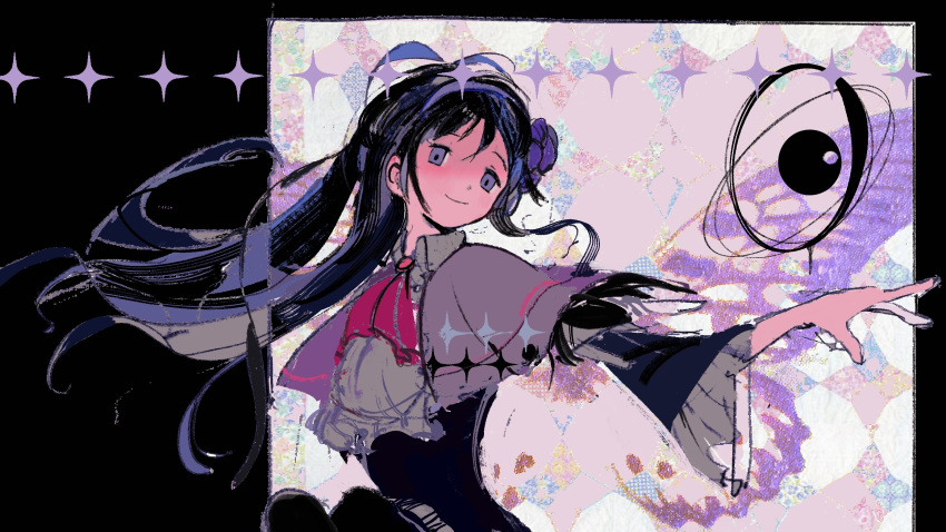 1girl akemi_homura ascot bigskycastle black_dress black_hair capelet closed_mouth collar commentary dress english_commentary floating floating_hair floating_object hair_between_eyes hairband highres long_hair long_sleeves magical_girl mahou_shoujo_madoka_magica mahou_shoujo_madoka_magica:_walpurgis_no_kaiten outstretched_arm purple_eyes purple_hairband red_ascot smile solo sparkle upper_body white_collar wide_sleeves